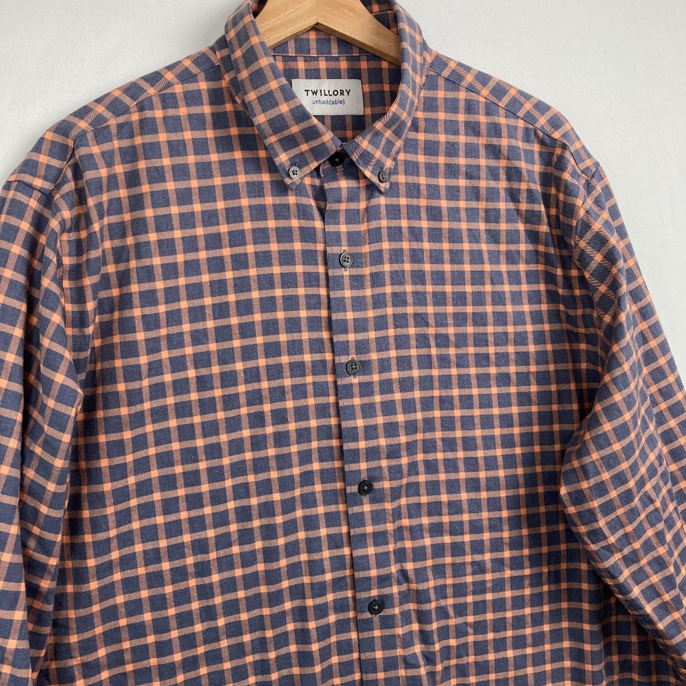 Twillory Untuckable Plaid Tailored Fit Button Down Mens XL Pink Gray Plaid